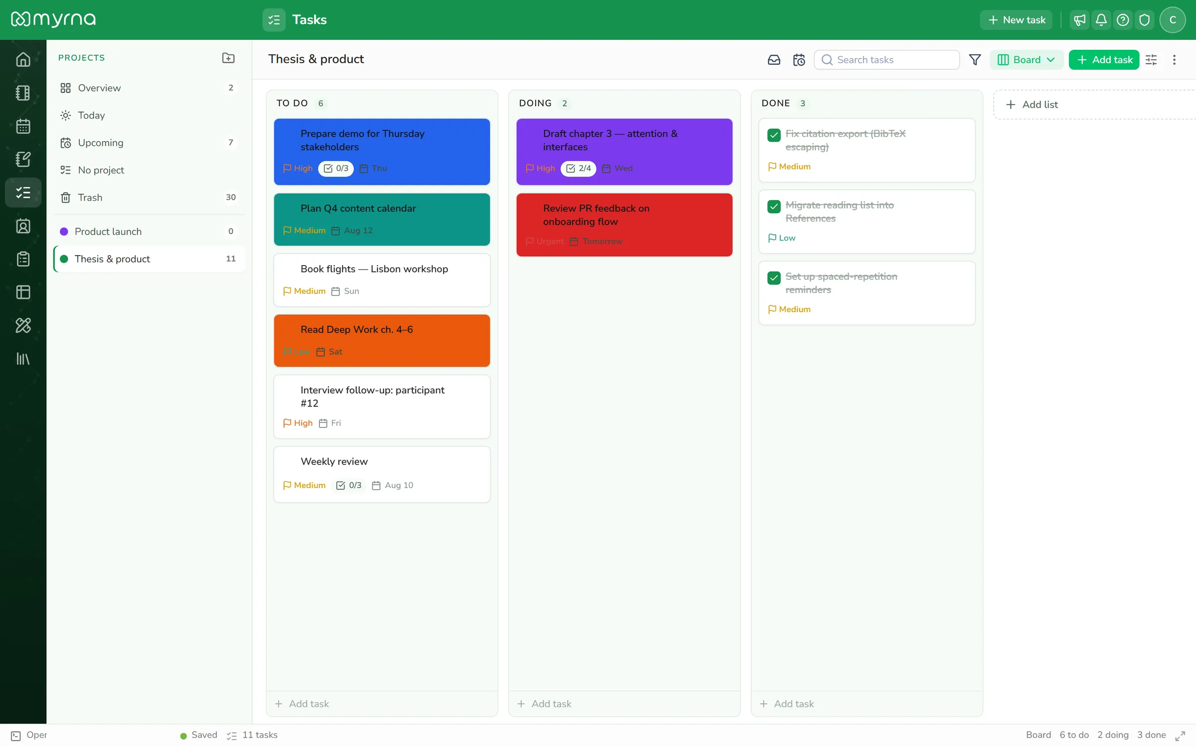 Tasks board, calendar and a base view (collage)